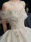 Illusion Champagne Wedding Dresses 2021 Ball Gown Off-The-Shoulder Beading Pearl Rhinestone Sequins Short Sleeve Backless Royal Train Wedding