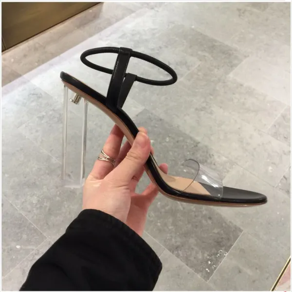 Schlicht Sexy Schwarz Strassenmode Sandalen Damen 2020 Knöchelriemen 9 cm Thick Heels Peeptoes Sandaletten