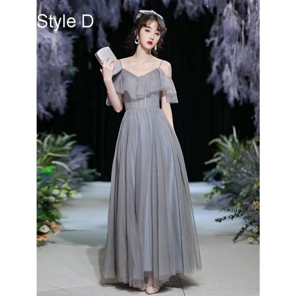 Modest / Simple Grey Bridesmaid Dresses 2021 A-Line / Princess Glitter Spaghetti Straps Short Sleeve Backless Floor-Length / Long Bridesmaid Wedding Party Dresses