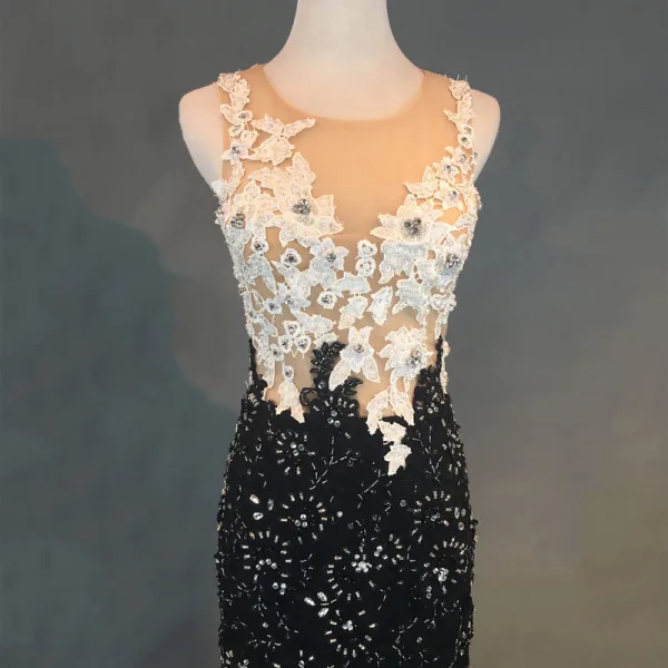 Luxury / Gorgeous Black Evening Dresses 2018 Trumpet / Mermaid Appliques Lace Beading Crystal Rhinestone Scoop Neck Sleeveless Floor-Length / Long Formal Dresses
