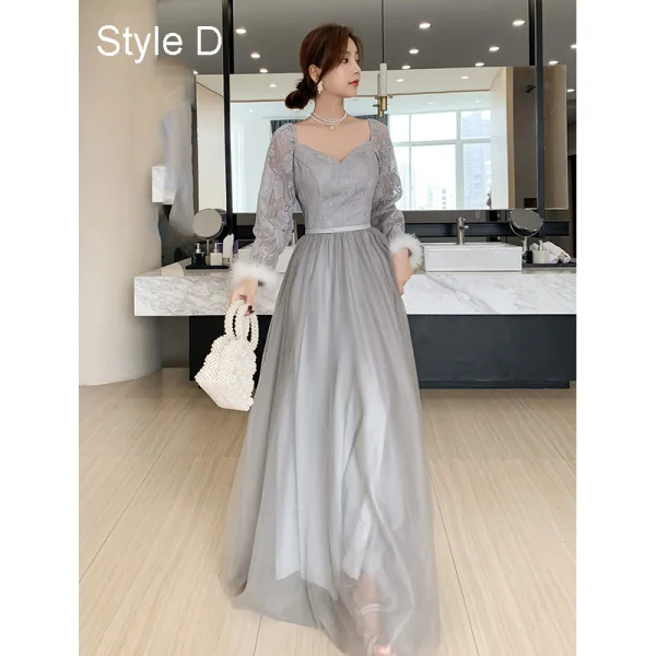 Simple Gris Robe Demoiselle D'honneur Bretelles croisées 2021 Princesse Encolure Carrée En Dentelle Fleur Ceinture 3/4 Manches Dos Nu Longue Demoiselle D'honneur Robe Pour Mariage
