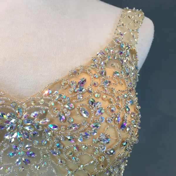 Chic / Beautiful Dark Green Evening Dresses 2018 Trumpet / Mermaid Handmade Beading Crystal Rhinestone V-Neck Backless Sleeveless Floor-Length / Long Formal Dresses