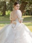 Luxury / Gorgeous Vintage / Retro Medieval Handmade  Beading Ivory Wedding Dresses 2021 Ball Gown Scoop Neck Long Sleeve Sash Bow Lace Flower Pearl Rhinestone Royal Train Wedding