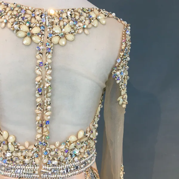 Luxury / Gorgeous Champagne Evening Dresses 2018 Trumpet / Mermaid Beading Crystal Pearl Rhinestone Sequins Scoop Neck Long Sleeve Sweep Train Formal Dresses