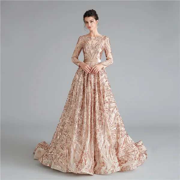 Sparkly Dark Green Sequins Evening Dresses Prom Dresses 2021 A-Line / Princess Sash Scoop Neck Long Sleeve Backless Floor-Length / Long Evening Party Prom Formal Dresses
