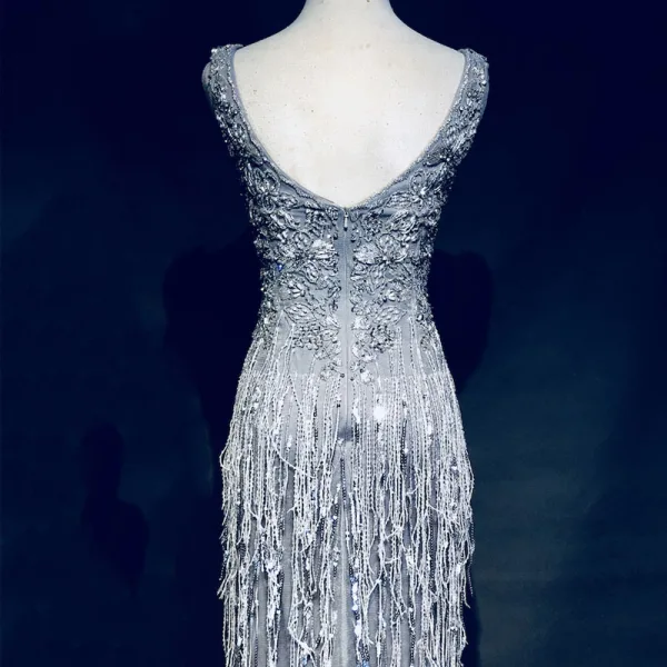 Luxury / Gorgeous Silver Evening Dresses 2018 Trumpet / Mermaid Beading Tassel Crystal Rhinestone V-Neck Backless Sleeveless Floor-Length / Long Formal Dresses