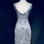 Luxury / Gorgeous Silver Evening Dresses  2018 Trumpet / Mermaid Beading Tassel Crystal Rhinestone V-Neck Backless Sleeveless Floor-Length / Long Formal Dresses