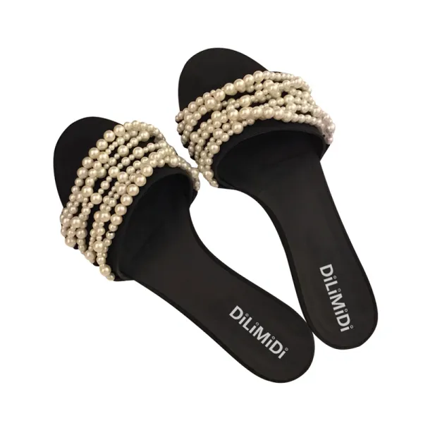 Enkla Svarta Sommar Casual Pärla Toffel & Flip flops 2020 Peep Toe Platt Damskor
