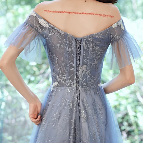 Charming Sky Blue Evening Dresses  Prom Dresses 2021 A-Line / Princess Off-The-Shoulder Glitter Sequins Short Sleeve Backless Floor-Length / Long Evening Party Prom Formal Dresses