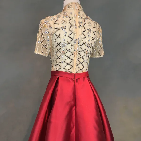 Chic / Belle Bleu Marine Robe De Soirée 2018 Princesse Ceinture Fait main Perlage Cristal Faux Diamant Paillettes Col Haut 1/2 Manches Train De Balayage Robe De Ceremonie