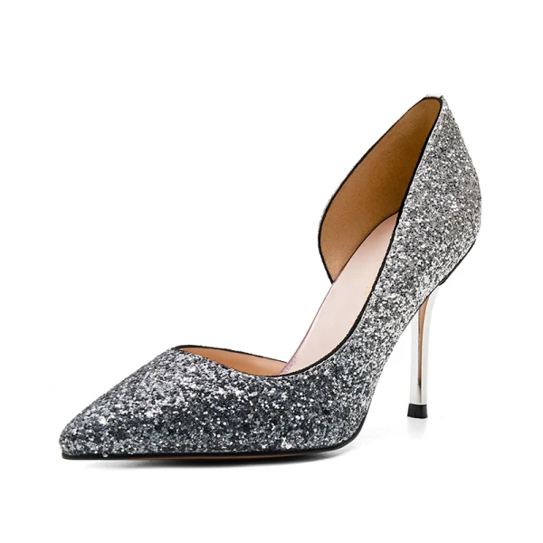Sparkly Silver Grey Evening Party Sequins Womens Sandals 2020 9 cm Stiletto Heels Pointed Toe Pumps