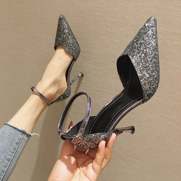 Scintillantes Argenté Soirée Paillettes Sandales Femme 2020 Bride Cheville 7 cm Talons Aiguilles À Bout Pointu Sandales