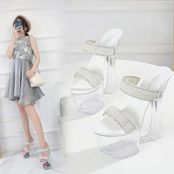 Transparent Amazing / Unique White Rave Club Womens Sandals 2020 Pearl Rhinestone 17 cm Thick Heels Open / Peep Toe Sandals