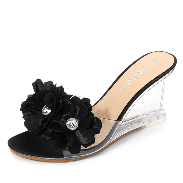 Simple Noire Vêtement de rue Sandales Femme 2020 Appliques Faux Diamant 8 cm Compensées Peep Toes / Bout Ouvert Sandales