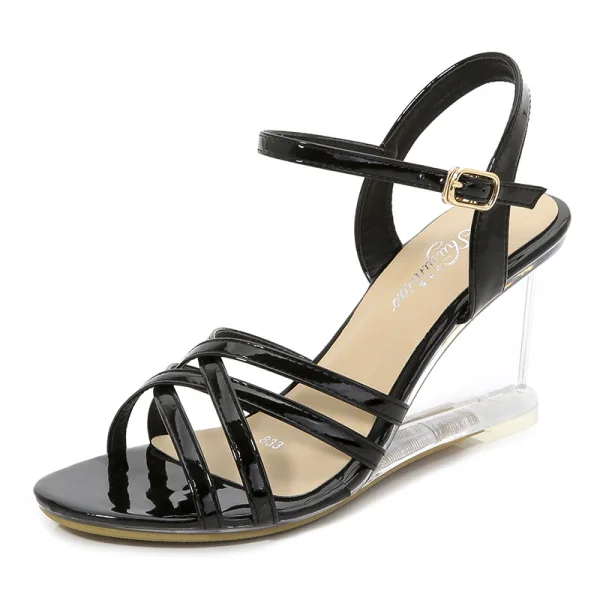 Charming Black Street Wear Womens Sandals 2020 Ankle Strap 8 cm Wedges Open / Peep Toe Sandals