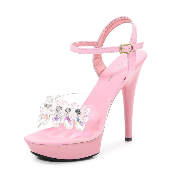 Sexy Noire Club de carnaval Faux Diamant Sandales Femme 2020 Bride Cheville 15 cm Talons Aiguilles Peep Toes / Bout Ouvert Sandales