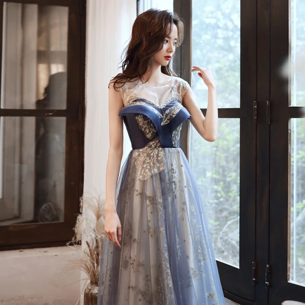 Fashion Ocean Blue Prom Dresses Evening Dresses  2021 A-Line / Princess Scoop Neck Beading Rhinestone Sequins Sleeveless Backless Floor-Length / Long Evening Party Formal Dresses