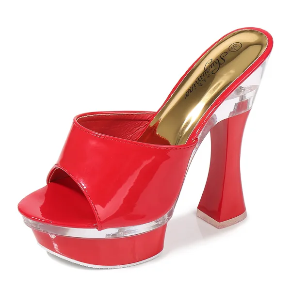 Chic / Beautiful 14 cm White Street Wear Womens Sandals 2020 Patent Leather 14 cm Thick Heels Open / Peep Toe Sandals