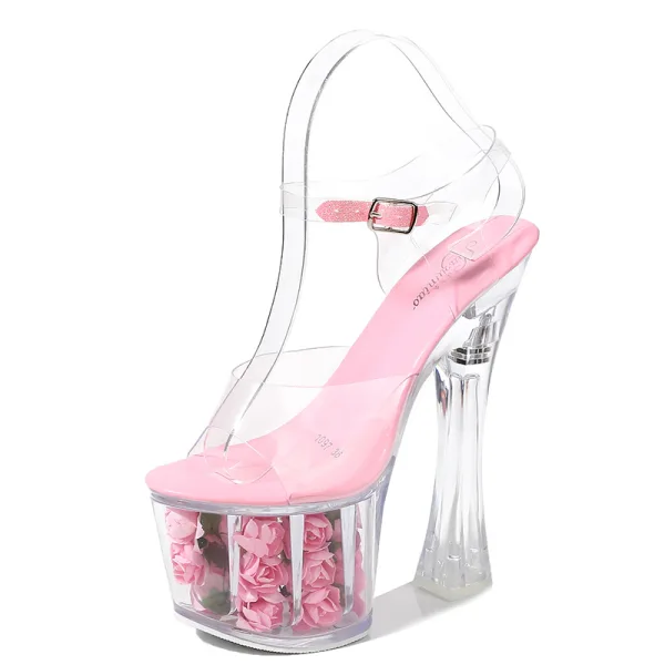Transparent Été Blanche Jardin / Extérieur Cristal Sandales Femme 2020 17 cm Talons Épais Peep Toes / Bout Ouvert Sandales