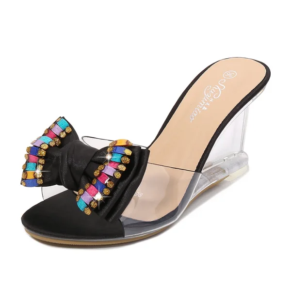 Chic / Beautiful Silver Street Wear Womens Sandals 2020 Rhinestone Bow 8 cm Wedges Open / Peep Toe Sandals