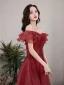 Chic / Beautiful Burgundy Glitter Evening Dresses  Prom Dresses 2021 A-Line / Princess Off-The-Shoulder Beading Sequins Short Sleeve Backless Floor-Length / Long Evening Party Prom Formal Dresses