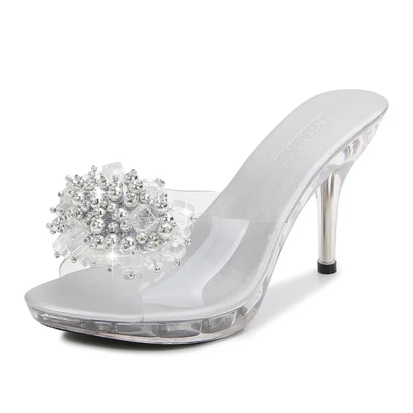 Schlicht Schwarz Strassenmode Strass Sandalen Damen 2020 9 cm Stilettos Peeptoes Sandaletten
