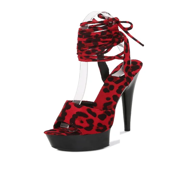 Fashion White Rave Club Leopard Print Womens Sandals 2020 Ankle Strap 15 cm Stiletto Heels Open / Peep Toe Sandals
