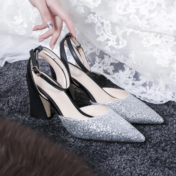 Uroczy Szampan Złote Cekiny Buty Ślubne 2020 Z Paskiem 11 cm Grubym Obcasie Szpiczaste Ślub Sandały