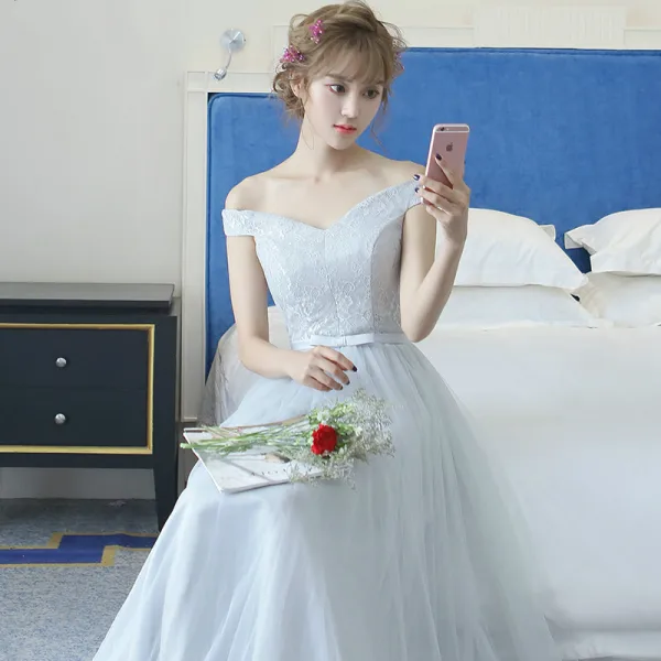 Chic / Beautiful Grey Bridesmaid Dresses 2018 A-Line / Princess Bow Sleeveless Backless Floor-Length / Long Wedding Party Dresses