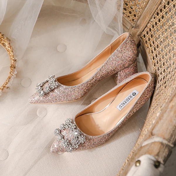 Sparkly Silver Rhinestone Wedding Shoes 2020 Sequins 7 cm Thick Heels Pointed Toe Wedding Pumps