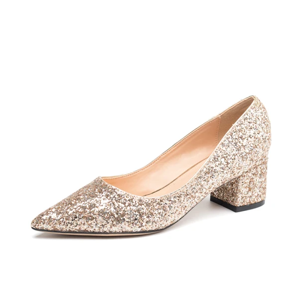 Glittrande Silver Paljetter Brudskor 2020 7 cm Tjocka Klackar Spetsiga Bröllop Pumps