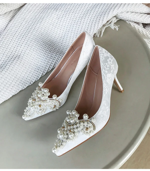 Elegant White Pearl Rhinestone Wedding Shoes 2020 7 cm Stiletto Heels Pointed Toe Wedding Pumps