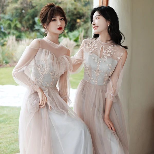 Mode Perle Rose Robe Demoiselle D'honneur 2021 Princesse Encolure Dégagée En Dentelle Fleur Appliques 3/4 Manches Dos Nu Longue Robe Pour Mariage