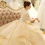 Vintage / Originale Champagne Robe De Mariée 2018 Princesse Dos Nu En Dentelle Fleur Volants en Cascade Col Haut 3/4 Manches Cathedral Train Mariage