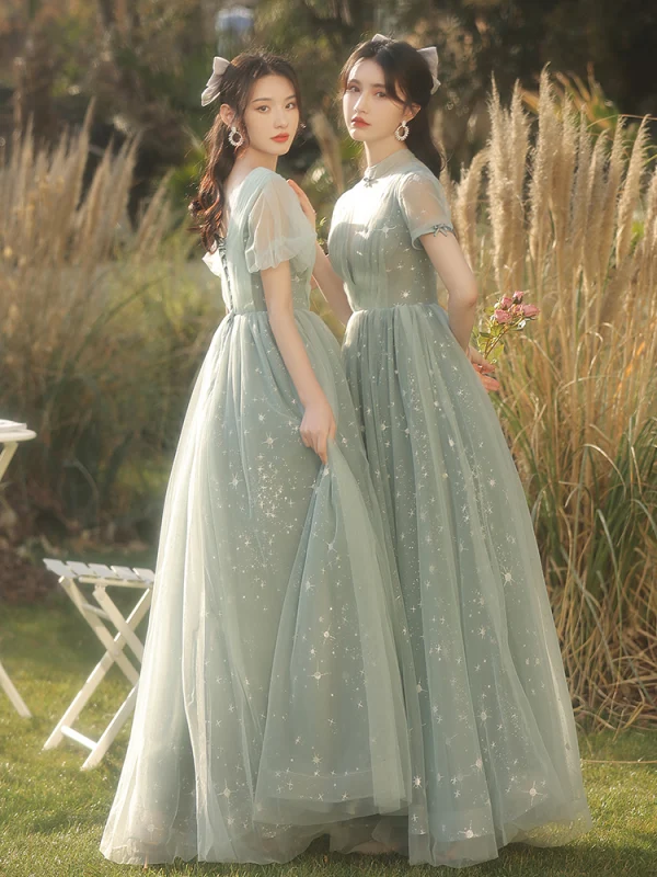 Fashion Sage Green Star Bridesmaid Dresses 2021 A-Line / Princess Scoop Neck Short Sleeve Backless Floor-Length / Long Bridesmaid Wedding Party Dresses