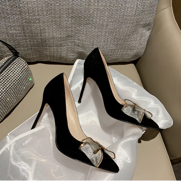 Chic / Beautiful Black Evening Party Pumps 2020 Leather Rhinestone Bow 9 cm Stiletto Heels Pointed Toe Pumps
