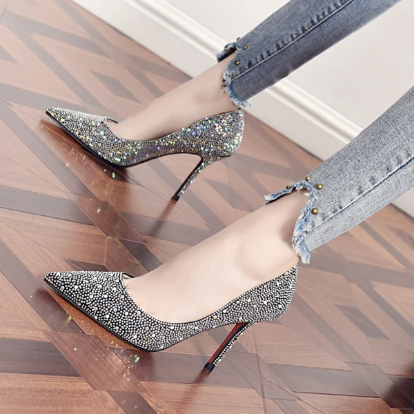 Charmant Beige Soirée Faux Diamant Escarpins 2020 9 cm Talons Aiguilles À Bout Pointu Escarpins