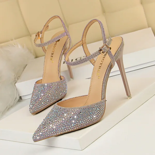 Glitzernden Rosa Abend Sandalen Damen Strass 2020 Knöchelriemen 10 cm Stilettos Spitzschuh Sandaletten