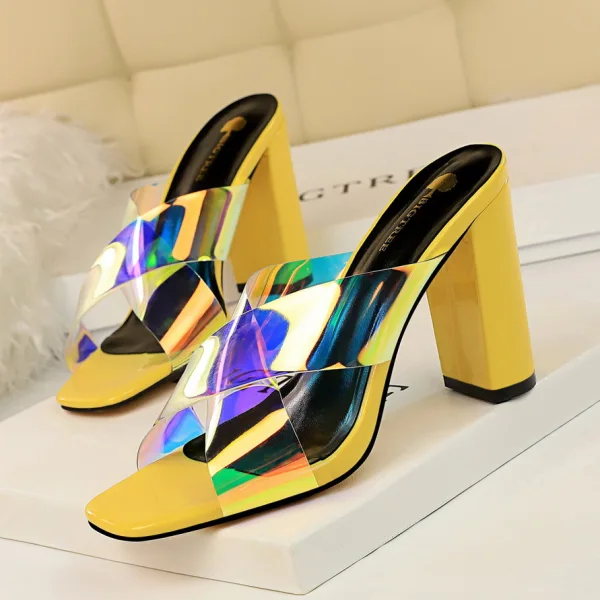 Modest / Simple Summer Burgundy Street Wear Laser Womens Sandals 2020 9 cm Thick Heels Open / Peep Toe Sandals