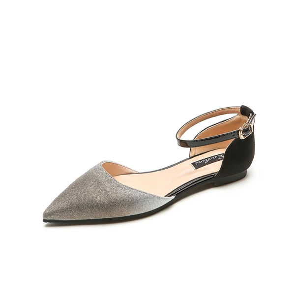 Schöne Sommer Beige Strassenmode Pailletten Flache Sandalen Damen 2020 Knöchelriemen Spitzschuh Sandaletten