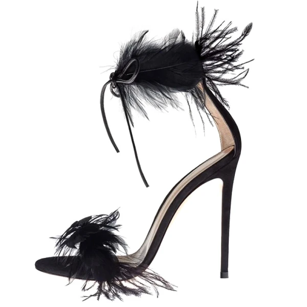 Sexy Schwarz Cocktail Feder Sandalen Damen 2020 Knöchelriemen 10 cm Stilettos Peeptoes Sandaletten