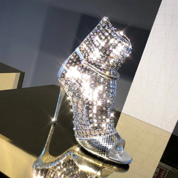 Sexy Silver Pierced Rhinestone Cocktail Party Womens Sandals 2020 Leather 9 cm Stiletto Heels Open / Peep Toe Sandals