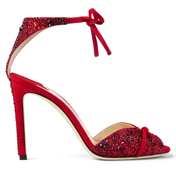 Charmant Rouge Soirée Faux Diamant Sandales Femme 2020 Cuir Noeud 9 cm Talons Aiguilles Peep Toes / Bout Ouvert Sandales