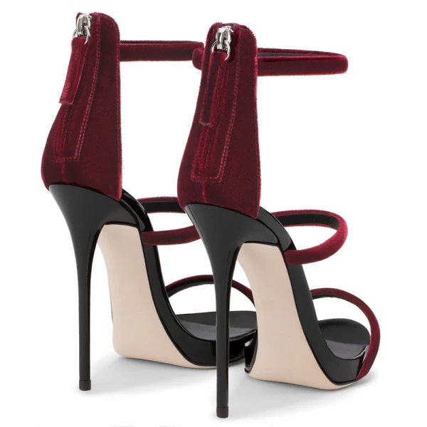 Sexy Summer Burgundy Cocktail Party Womens Sandals 2020 Leather Suede Ankle Strap 11 cm Stiletto Heels Open / Peep Toe Sandals