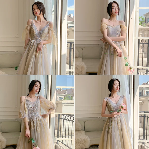 Chic / Beautiful Champagne Bridesmaid Dresses 2021 A-Line / Princess V-Neck Beading Pearl Sequins Lace Flower Short Sleeve Backless Floor-Length / Long Bridesmaid Wedding Party Dresses