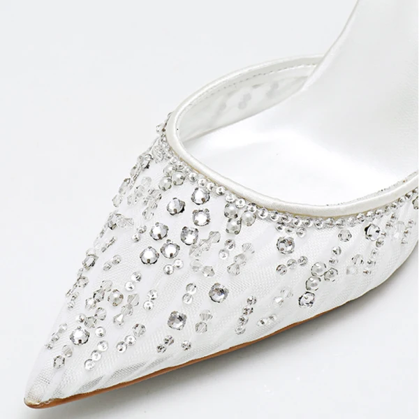 Charmant Weiß Abend Sandalen Damen 2020 Strass Slingpumps 7 cm Stilettos Spitzschuh Sandaletten