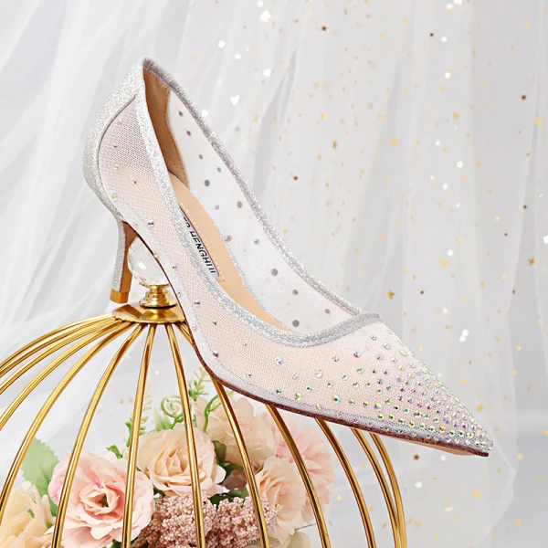 Glittrande Silver Brudskor 2020 Rhinestone Paljetter 9 cm Stilettklackar Spetsiga Bröllop Pumps