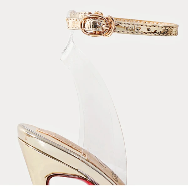 Transparent Gold Evening Party Womens Sandals 2020 Ankle Strap Rivet 10 cm Stiletto Heels Pointed Toe Sandals