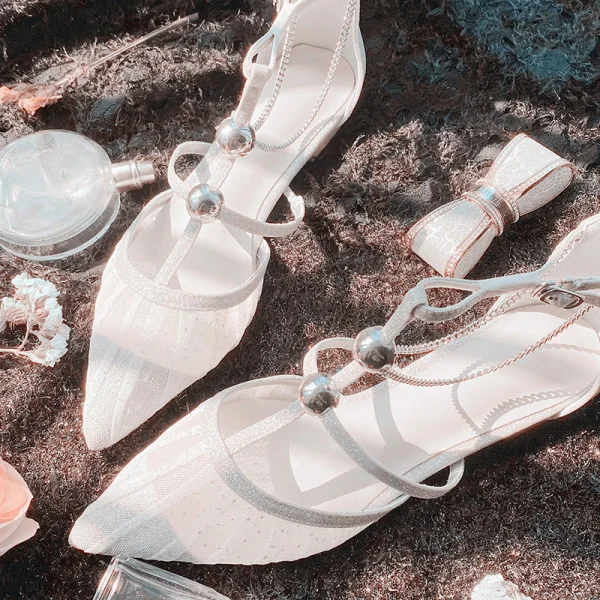 Charming Ivory Flat Womens Sandals 2020 Sequins T-Strap Pointed Toe Wedding Sandals