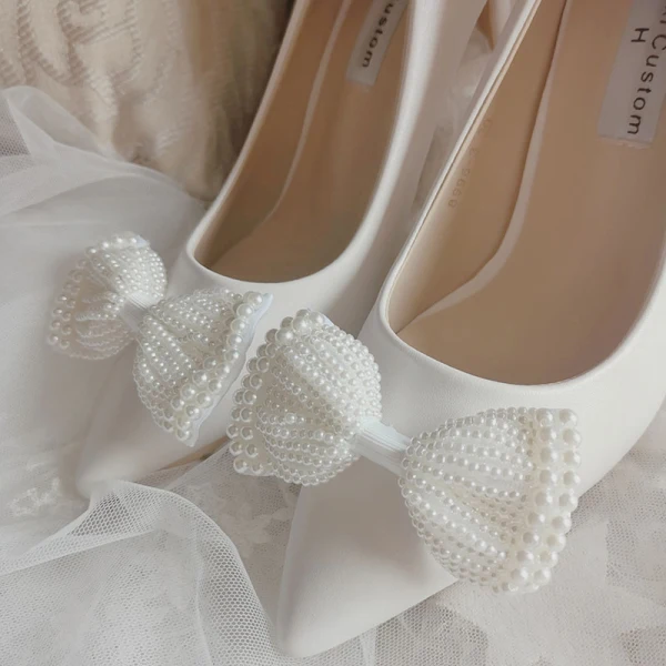 Elegant Ivory Wedding Shoes 2020 Pearl Bow 10 cm Stiletto Heels Pointed Toe Wedding Pumps
